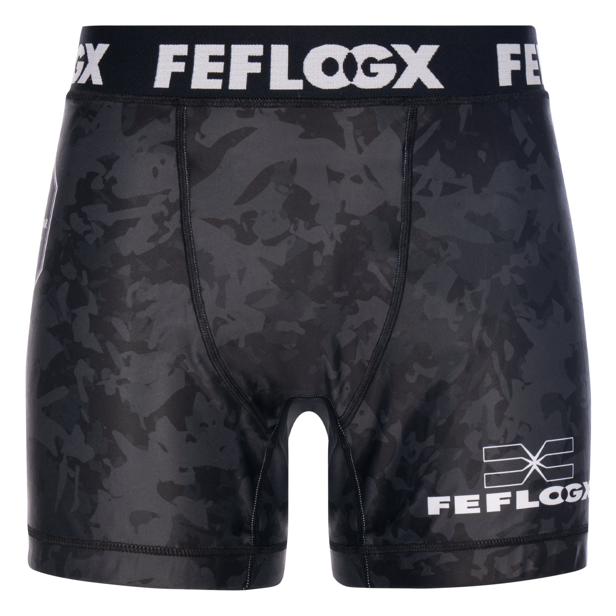 FFX MMA Tight Shorts Fight Performance by FEFLOGX Sportswear in blau, schwarz, rot, Camouflage-black & weiß, Sport Shorts, kurze Sporthose, Fight Shorts, MMA Shorts, Kompressionsshorts, MMA Tight Shorts, kurze Tights, vordere Ansicht der Camouflagen Compression Shorts. FFX MMA Tight Shorts Fight Performance