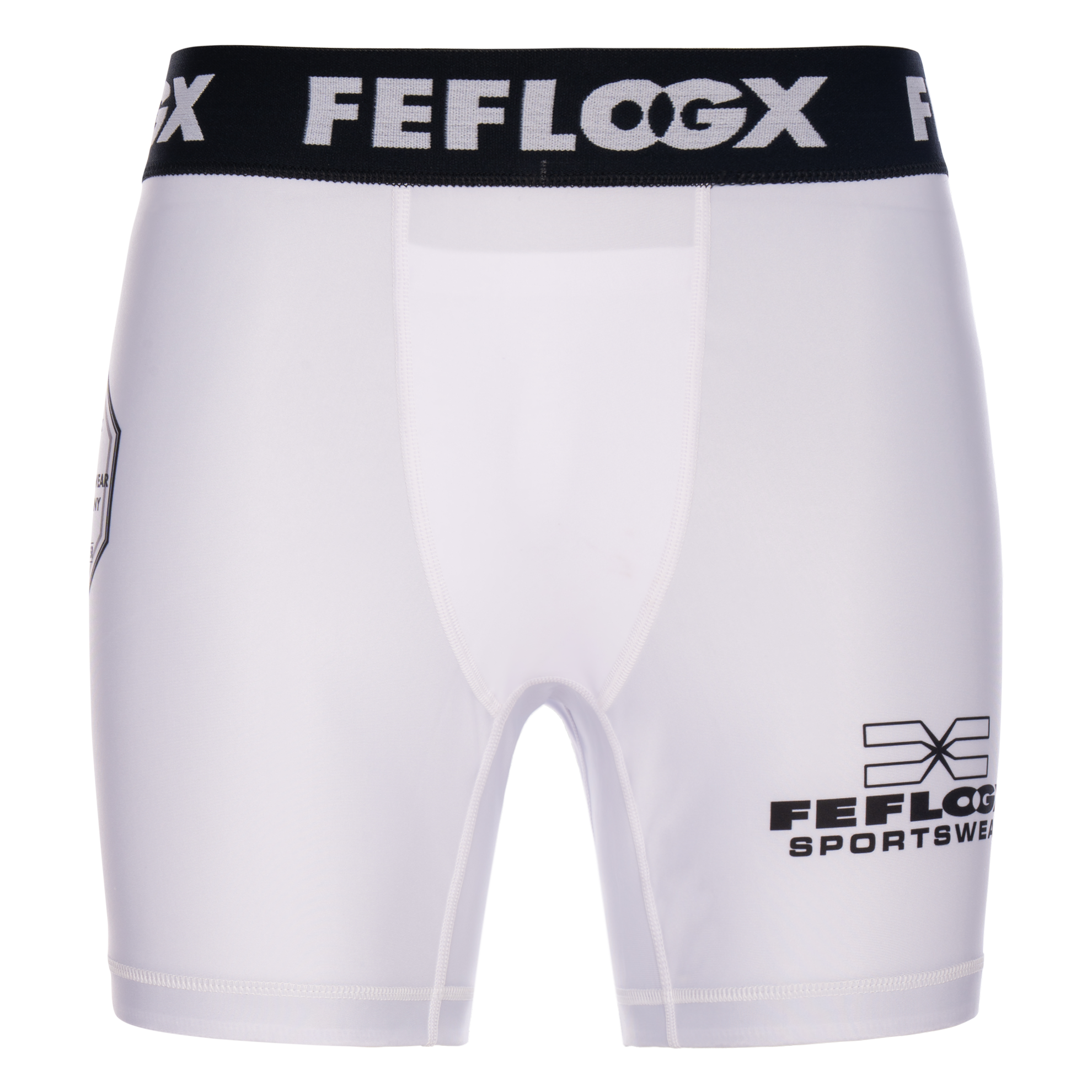 FFX MMA Tight Shorts Fight Performance by FEFLOGX Sportswear in blau, schwarz, rot, Camouflage-black & weiß, Sport Shorts, kurze Sporthose, Fight Shorts, MMA Shorts, Kompressionsshorts, MMA Tight Shorts, kurze Tights, vordere Ansicht der weißen Compression Shorts. FFX MMA Tight Shorts Fight Performance