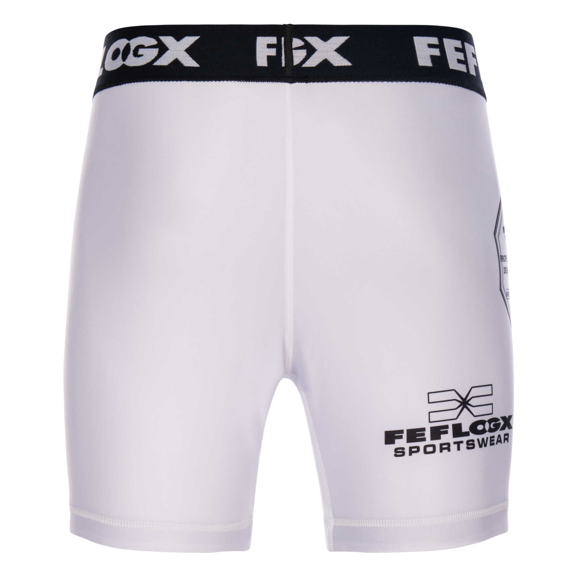 FFX MMA Tight Shorts Fight Performance by FEFLOGX Sportswear in blau, schwarz, rot, Camouflage-black & weiß, Sport Shorts, kurze Sporthose, Fight Shorts, MMA Shorts, Kompressionsshorts, MMA Tight Shorts, kurze Tights, hintere Ansicht der weißen Compression Shorts. FFX MMA Tight Shorts Fight Performance