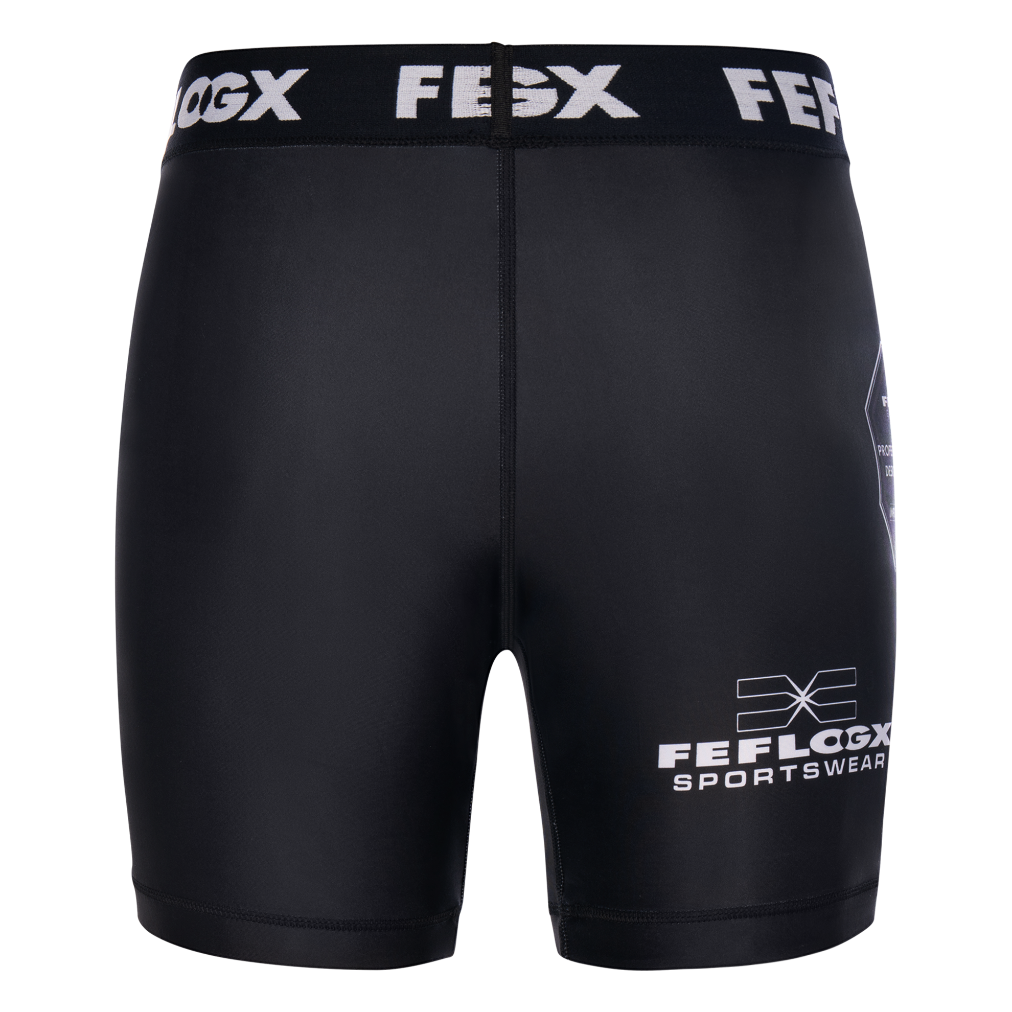 FFX MMA Tight Shorts Fight Performance by FEFLOGX Sportswear in blau, schwarz, rot, Camouflage-black & weiß, Sport Shorts, kurze Sporthose, Fight Shorts, MMA Shorts, Kompressionsshorts, MMA Tight Shorts, kurze Tights, hintere Ansicht der schwarzen Compression Shorts. FFX MMA Tight Shorts Fight Performance