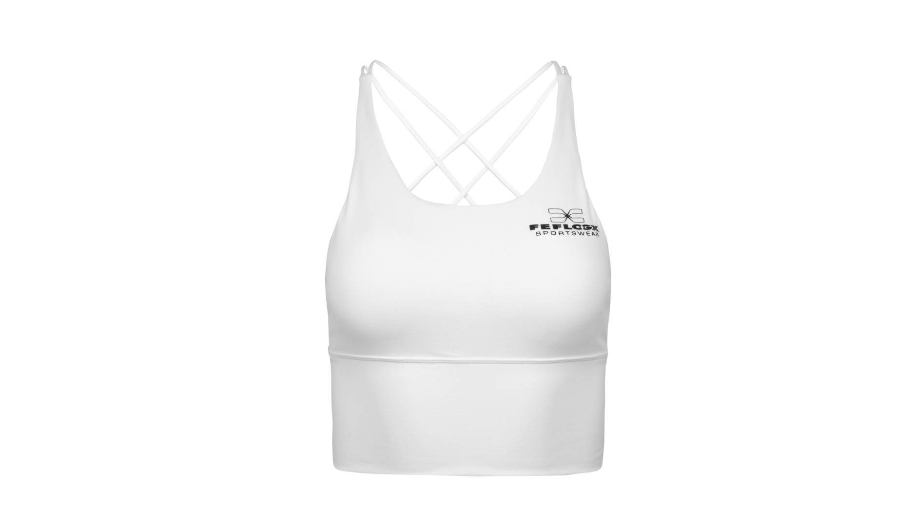 FFX stylisches Crop Top Sport-BH Classy Fit, sexy Crop Top, super bequemes bauchfreies Top, Crop Top elegant, Crop Top weiß, FEFLOGX Sportswear Sport BH mit herausnehmbaren Pads, weiß, Vorderseite (1).
