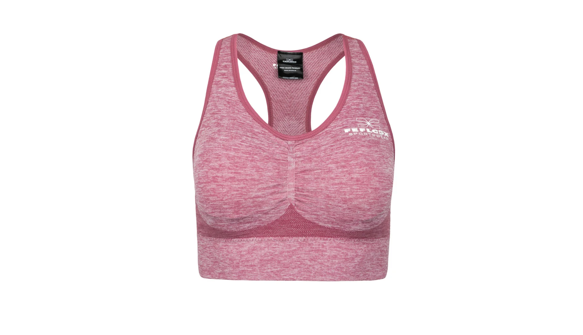 FFX Performance Shape Sport BH Comfort Fit by FEFLOGX Sportswear, super bequem & in super stylischem Scrunch Design, Teil des Damen 2er Sport Set Comfort Fit aus Leggings & Sport-BH, Damen Sport BH, Sportsbra, Sports Bra, Sport BH starker Halt, mit herausnehmbaren Cups, wahlweise Push-Up Sport BH, Pushup Sport BH, Crop Top, Farben: rosa, grau, schwarz, vordere Ansicht des rosanen Sport-BH (1).