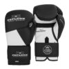 FFX High Level Profi Boxhandschuhe Superior Striker by FEFLOGX, Kickboxhandschuhe, Handschuhe für Boxen & Kickboxen & Muay-Thai, High-professional Boxing Gloves Elite, Handrücken- & Handflächen-Ansicht der schwarzen-weißen Thaibox Handschuhe.